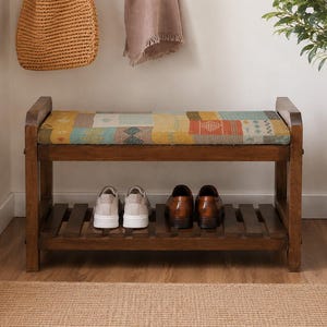 Cream Tribal Print Shoe Rack Bench | Living Room Storage Bench | Boho Turkish Handmade image 4