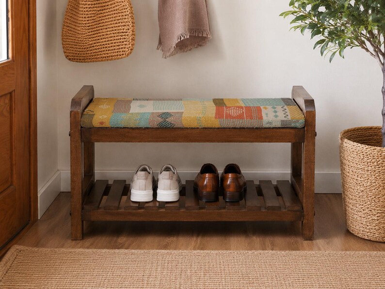 Cream Tribal Print Shoe Rack Bench | Living Room Storage Bench | Boho Turkish Handmade image 4