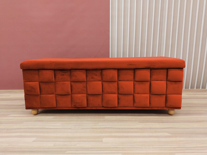 Rust orange trunk, Bedside commode, Siting storage, Textured upholstery, Stylish storage, Nomadic furniture, Room organizer, RS 3D fabric 04
