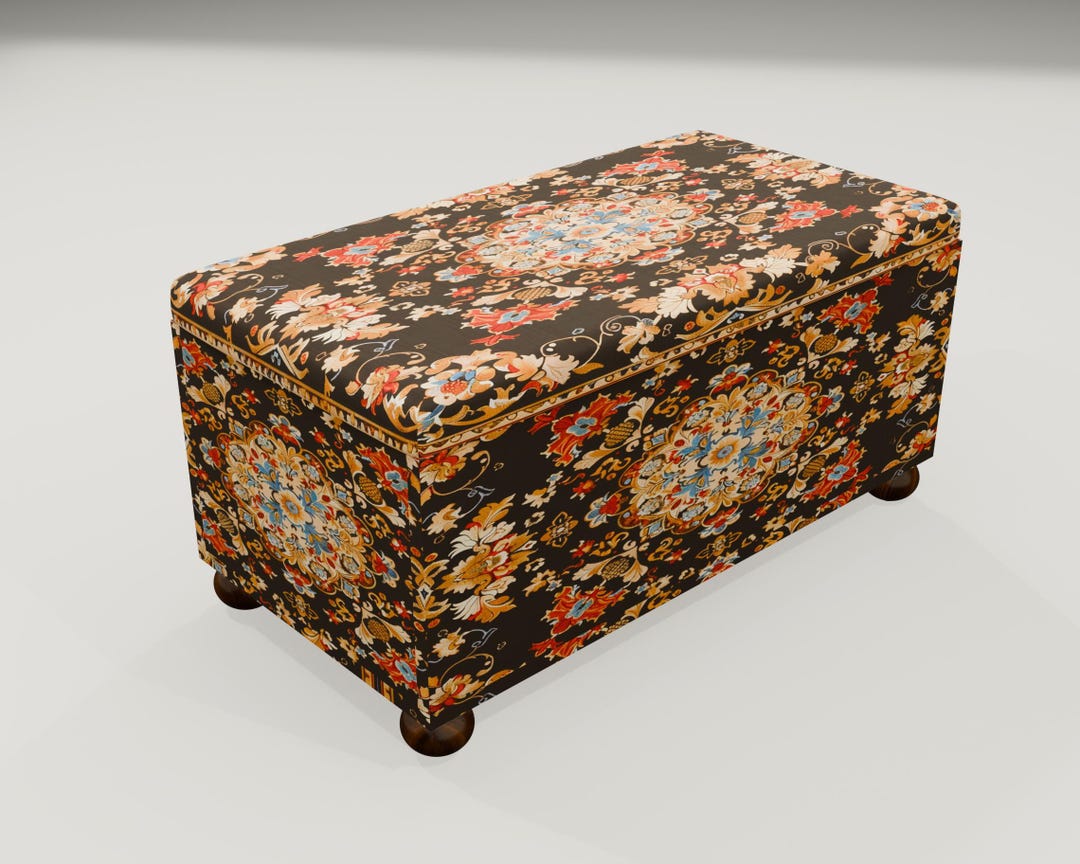 Pattern Ottoman With Patterned Rug Black Oriental Rug Pattern Ottoman | Fabric Storage Bedroom Seating ...
