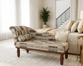 Blue Brown Beige Geometric Block Chaise | Modern Bedroom Settee Sofa, RS 618