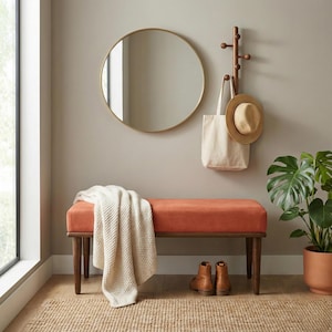 Burnt orange bench, Upholstered bench, Picnic table bench, Fireside seat, Balcony seating, High end furniture, Ottoman stool, RSB fabric 04