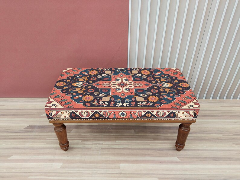 Coral red bench, Vintage design pouf, Entryway shoe bench, Small rustic bench, Mudroom decor, Gift for grandma, Bedroom pouf, RSB 279