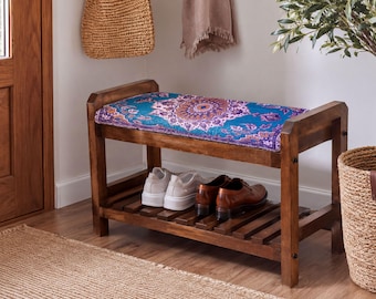 Teal Royal Mandala Shoe Rack Bench | Bedroom Storage Organizer
