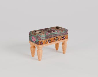 Turquoise bench, Vintage style bench, Nomadic print rug footstool, Ethnic pattern bench, Footstool for chair, 9x18x14&quot; RSB 9x18 945-00