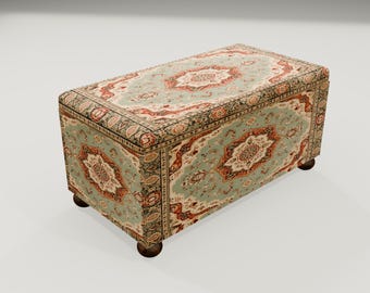 Sage Green Oriental Rug Ottoman | Fabric Storage Bedroom Seating Chest, RS 8