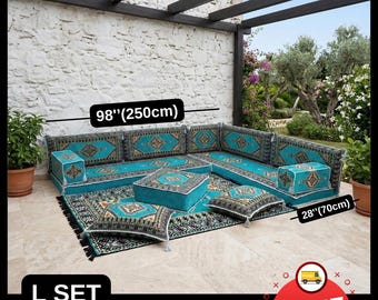 Zestaw wypoczynkowy Aqua Kilim Floor | Siedzisko podłogowe w kształcie litery U z arabskim wzorem Majlis i dywanem