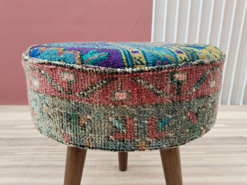 Pouf stool, Vintage rug stool, Tripod stool, Upholstered bench, Vanity table stool, Shoe stool, Ottoman for bedroom, Bathroom stool, RSY 12
