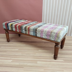banco otomano kilim, banco con alfombra vintage, banco a rayas, banco colorido, banco de trabajo de madera, banco de dormitorio, 18x18x48, RSV 48