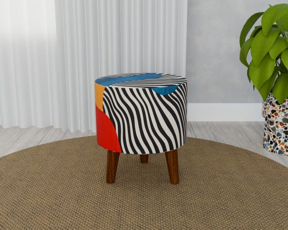 Vibrant color pouf, Zebra design bench, Corner footstool, Luxury furniture, Ottoman piano seat, Utility footrest, Poufy bed bench, RS 200
