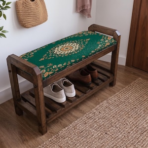 Forest Green Garden Medallion Shoe Rack Bench | Narrow Entryway Shoe Storage | Boho Turkish Handmade image 2