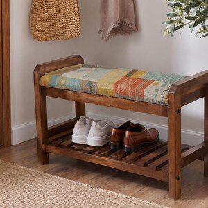 Cream Tribal Print Shoe Rack Bench | Living Room Storage Bench | Boho Turkish Handmade image 9