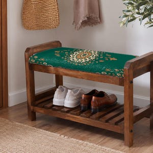 Forest Green Garden Medallion Shoe Rack Bench | Narrow Entryway Shoe Storage | Boho Turkish Handmade image 1