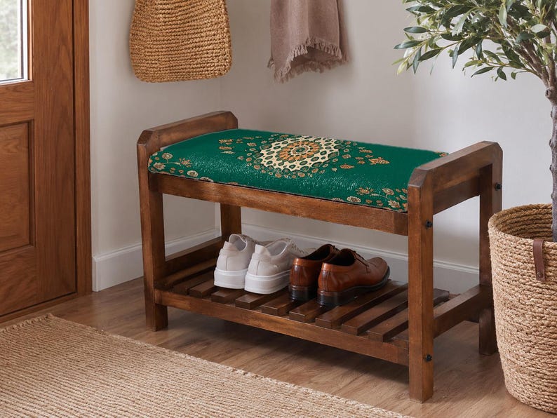 Forest Green Garden Medallion Shoe Rack Bench | Narrow Entryway Shoe Storage | Boho Turkish Handmade image 1