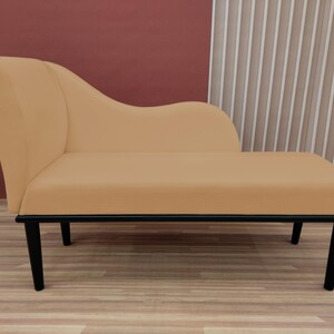 Banquette couch, Caramel chaise lounge, Strong long bench, Sustainable seating, Soft textured chaise, Cozy bedroom decor, Trendy furniture