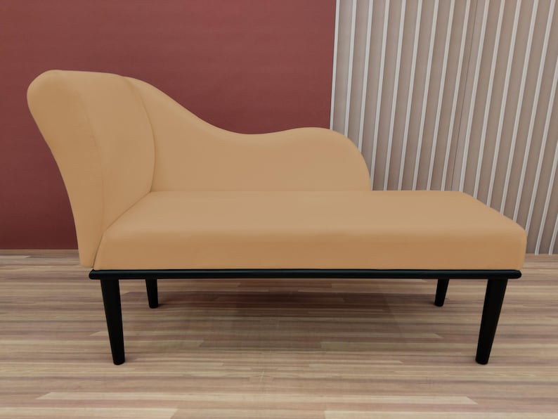 Banquette couch, Caramel chaise lounge, Strong long bench, Sustainable seating, Soft textured chaise, Cozy bedroom decor, Trendy furniture