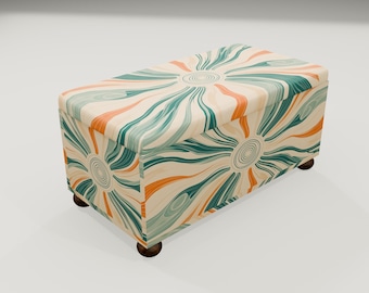Retro Teal Orange Sunburst Storage Bench | Abstract Fabric Ottoman Chest, RS 192