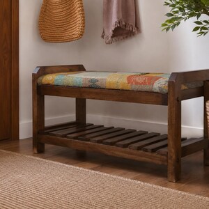 Cream Tribal Print Shoe Rack Bench | Living Room Storage Bench | Boho Turkish Handmade image 3