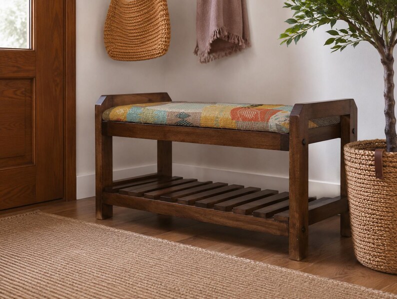 Cream Tribal Print Shoe Rack Bench | Living Room Storage Bench | Boho Turkish Handmade image 3