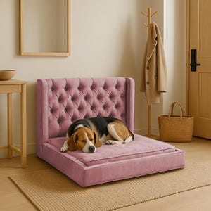 Cama rosa para perro, salón decorativo para mascotas, muebles llamativos para perros, cama utilitaria para mascotas, sofá suave para perros, cama bonita para perros, cama para perros con respaldo alto