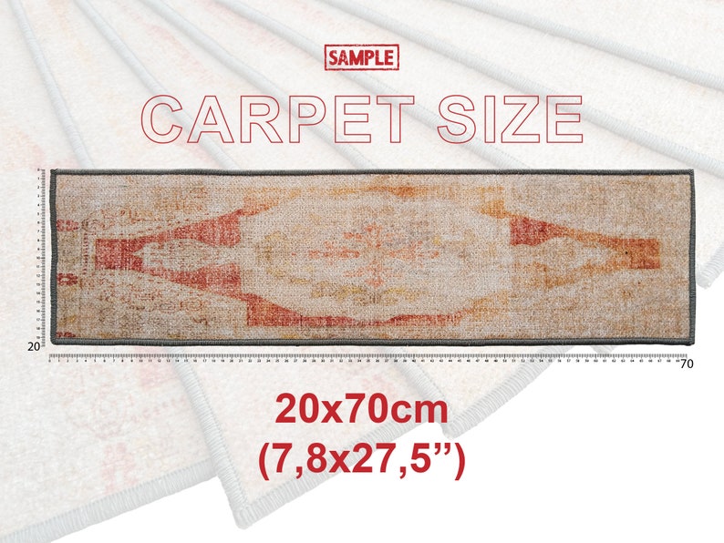 May include: A beige and red patterned rug with a gray border. The rug is 20 inches by 70 inches (7.8 inches by 27.5 inches).