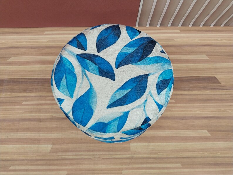 Leaf pattern bench, Blue white pouf, Heartwarming gift, Round footstool, Livingroom furniture, Entryway shoe bench, Round mid table, RS 207