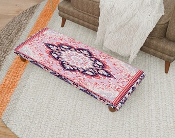Turkish Step Stool Handmade Blush Pink Ottoman Bench Upholstered Floral Rug Pouf Rustic Wooden Seat Small Foot Riser Decor, SSB 21