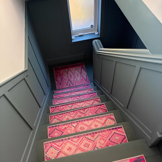 stairs runner rug, pink rug for stairs, retro rug, herki rug print, ikat rug, aesthetic rug, boho decor rug, pastel rug, steps rug, RS 70