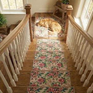 Vintage Rose Pattern Stair Treads, Turkish Style Chenille Cotton Runner Rugs, RS 263