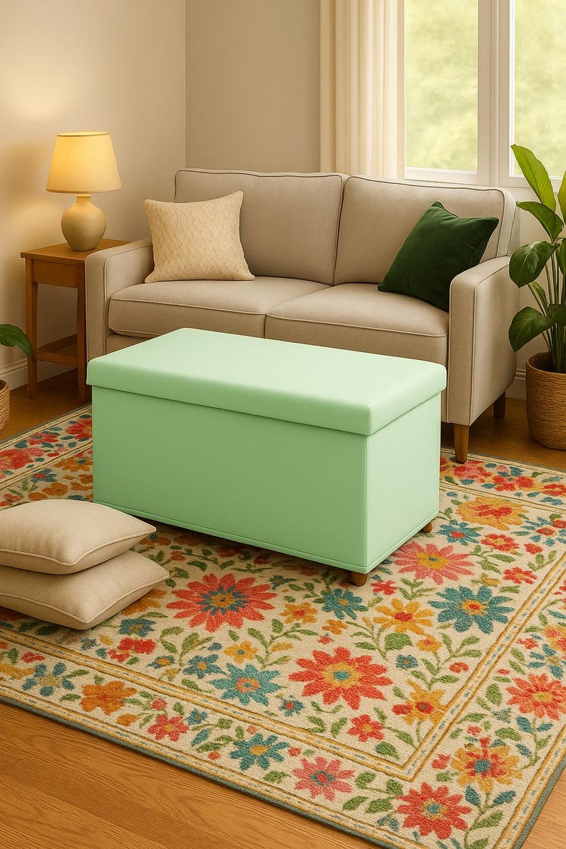 Mint green storage, Cottagecore bench, Calming home decor, Minimalist seating, Functional storage, Relaxing home accent, RS fabric 35