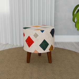 Geometric design pouf, Colorful bench, Contemporary footstool, Dining table chair, Round ottoman pouf, Textured upholstery, RS 183