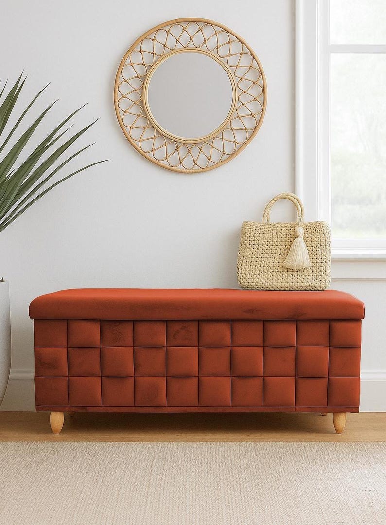 Rust orange trunk, Bedside commode, Siting storage, Textured upholstery, Stylish storage, Nomadic furniture, Room organizer, RS 3D fabric 04
