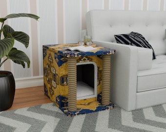 Authentic cat house, Yellow pet house, Heated cat bed, Personalizable house, Cat furniture, Compact cat house, For cat lover, Cat playground