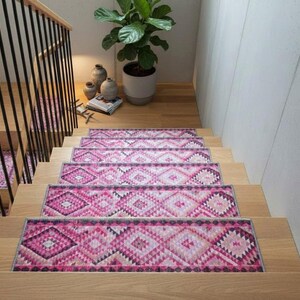 stairs runner rug, pink rug for stairs, retro rug, herki rug print, ikat rug, aesthetic rug, boho decor rug, pastel rug, steps rug, RS 70