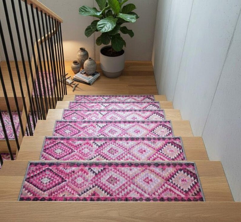 stairs runner rug, pink rug for stairs, retro rug, herki rug print, ikat rug, aesthetic rug, boho decor rug, pastel rug, steps rug, RS 70