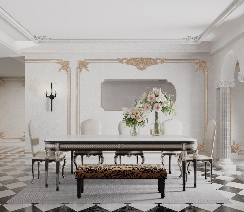 Unique home decor, Baroque furniture, Modern shoe bench, Saloon side table, End of bed bench, Ottoman piano bench, Regular footrest, RSB 393