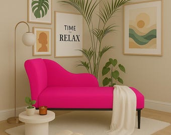 Hot pink accent seat, Wooden lounge chair, Cozy home decor, Modern furniture, Upholstered chair, Small sofa, Fainting chaise lounge