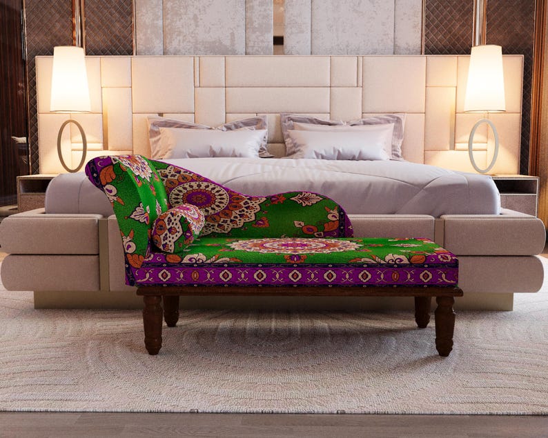 a luxurious bedroom with a large bed, a colorful patterned bench, and two floor lamps on either side of the bed.