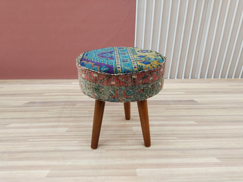 Pouf stool, Vintage rug stool, Tripod stool, Upholstered bench, Vanity table stool, Shoe stool, Ottoman for bedroom, Bathroom stool, RSY 12