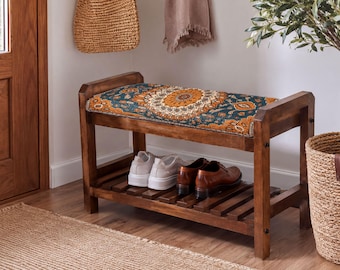 Teal Heritage Sun Wooden Shoe Rack | Small Entryway Bench