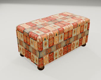 Boho Patchwork Storage Bench | Rectangular Ottoman Padded Furniture Trunk, RS 165