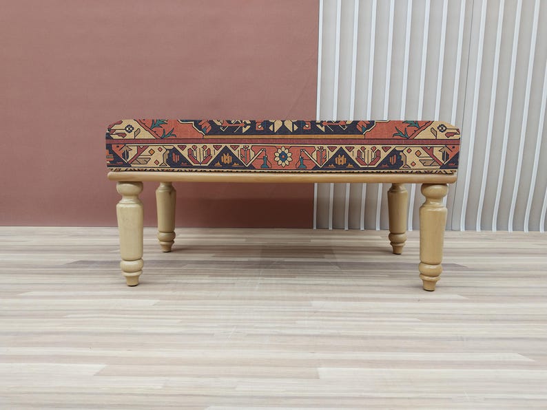Coral red bench, Vintage design pouf, Entryway shoe bench, Small rustic bench, Mudroom decor, Gift for grandma, Bedroom pouf, RSB 279