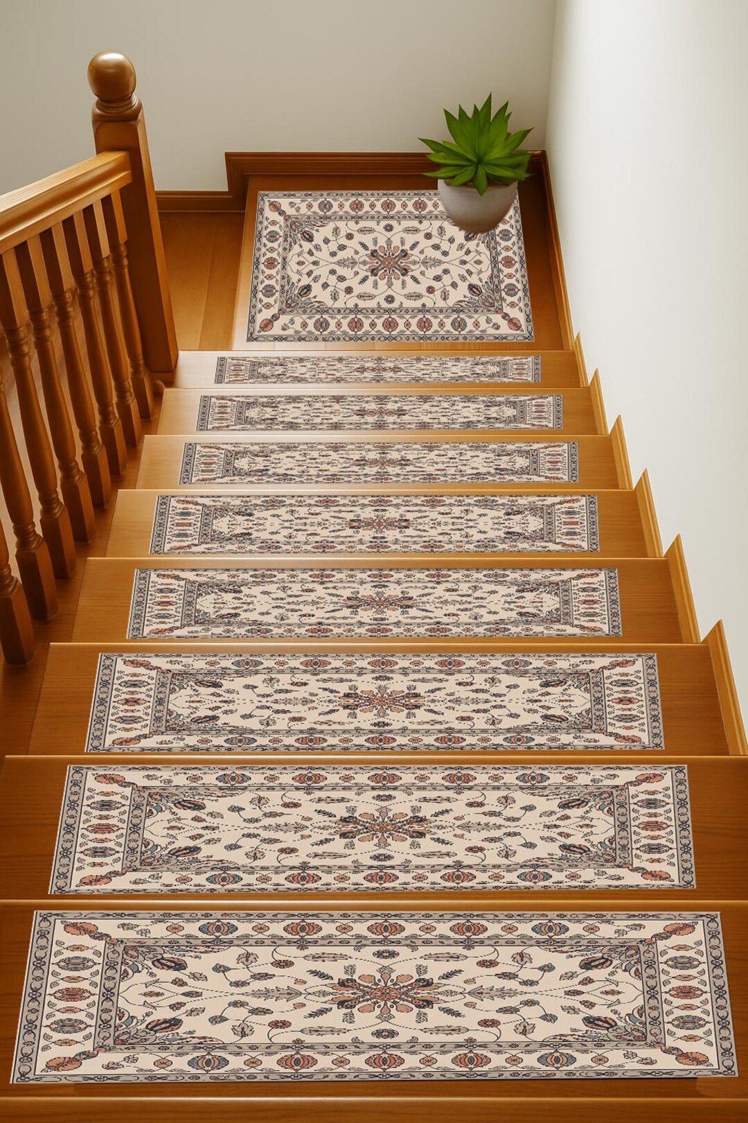 Beige Botanical Stair Tread, Floral Pattern Step Pad, Safe Non Slip ...