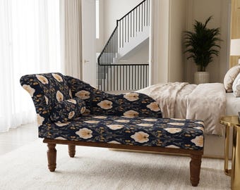 Dark Blue Floral Botanic Daybed | Elegant Bedroom Lounge Chair, RS 61