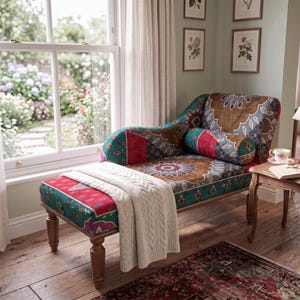 Mustard Teal Medallion Chaise Lounge | Boho Bedroom Daybed Settee Sofa, RS 691