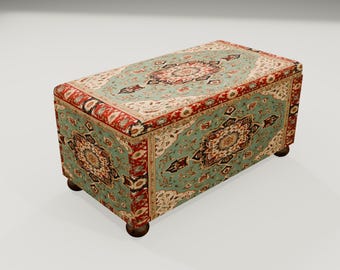 May include: A rectangular storage ottoman with a patterned fabric cover. The fabric features a traditional Persian rug design with red, green, and cream colors.