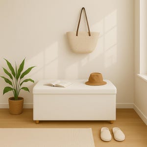 Minimalist bench, White storage, Simple home decor, Elegant bedroom trunk, Cool doorway seating, Handmade storage, Comfy bench, RS fabric 16