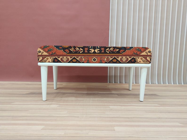 Coral red bench, Vintage design pouf, Entryway shoe bench, Small rustic bench, Mudroom decor, Gift for grandma, Bedroom pouf, RSB 279