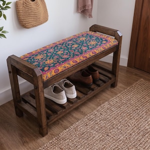 Blågrön Boteh Paisley skohylla bänk | Skoförvaringsskåp för hall | Boho turkisk handgjord bild 2