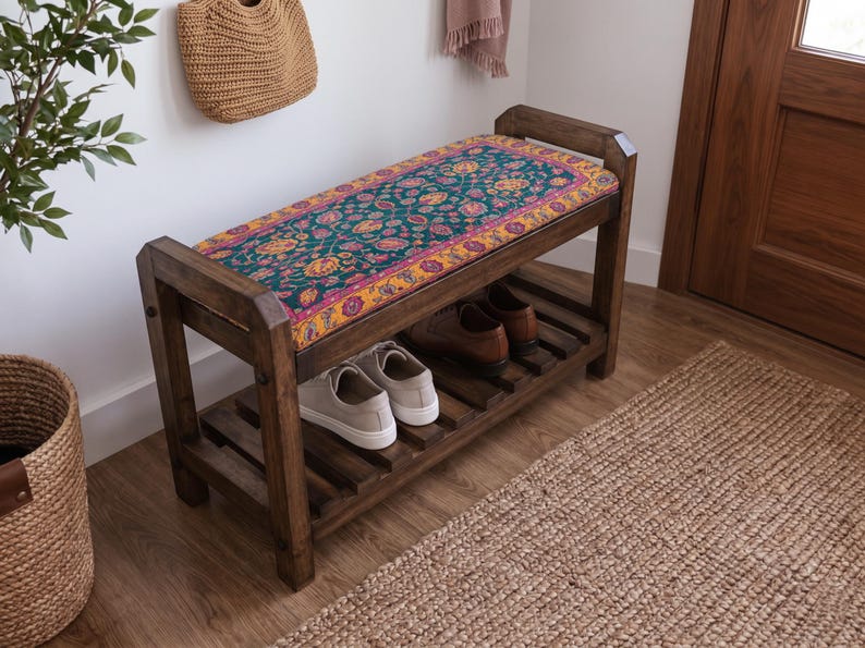 Blågrön Boteh Paisley skohylla bänk | Skoförvaringsskåp för hall | Boho turkisk handgjord bild 2